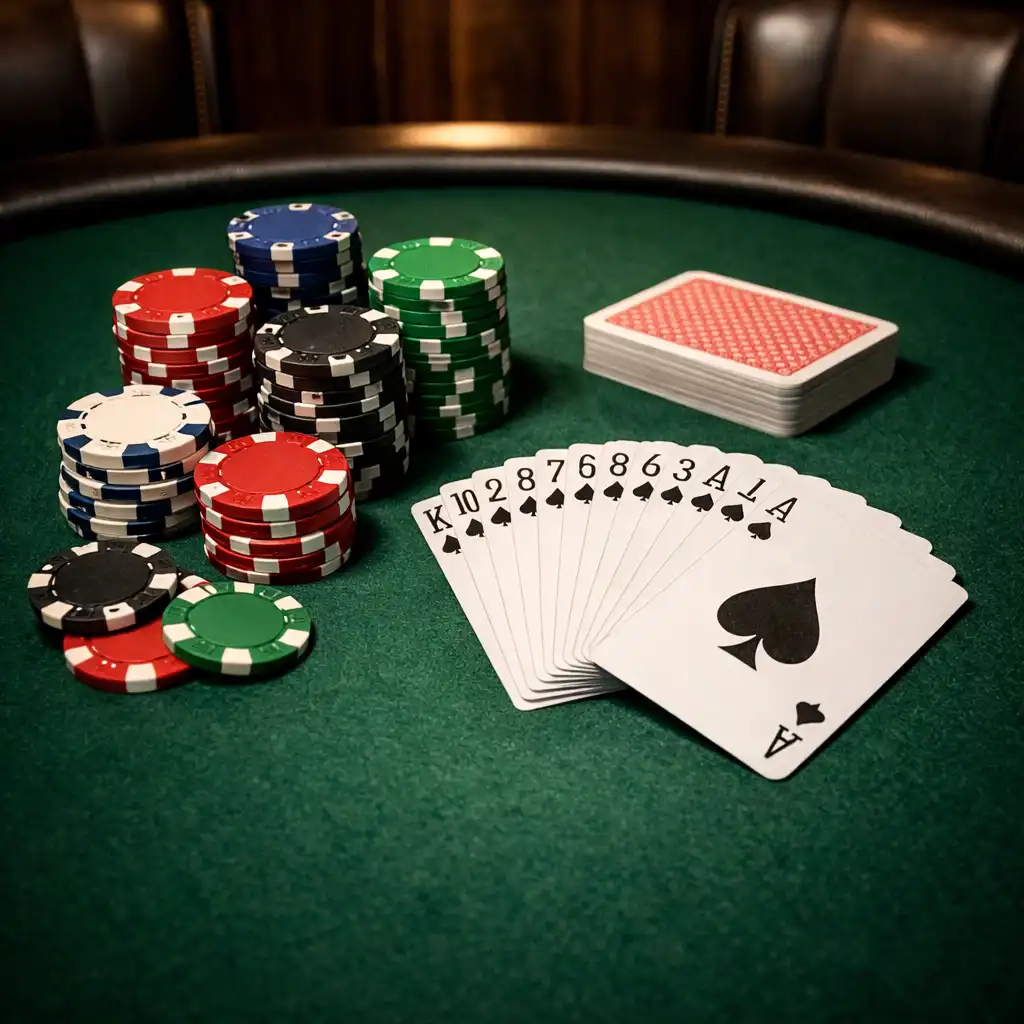 Close-up of a poker table with green felt, stacked chips, and fanned cards in the Ivory Marquee card room