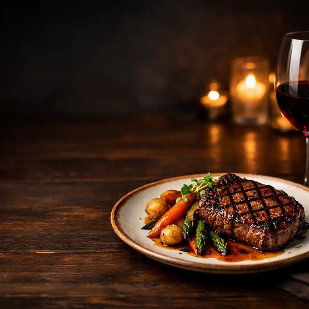 Beautifully plated grilled steak with roasted vegetables and a glass of red wine on a dark timber table