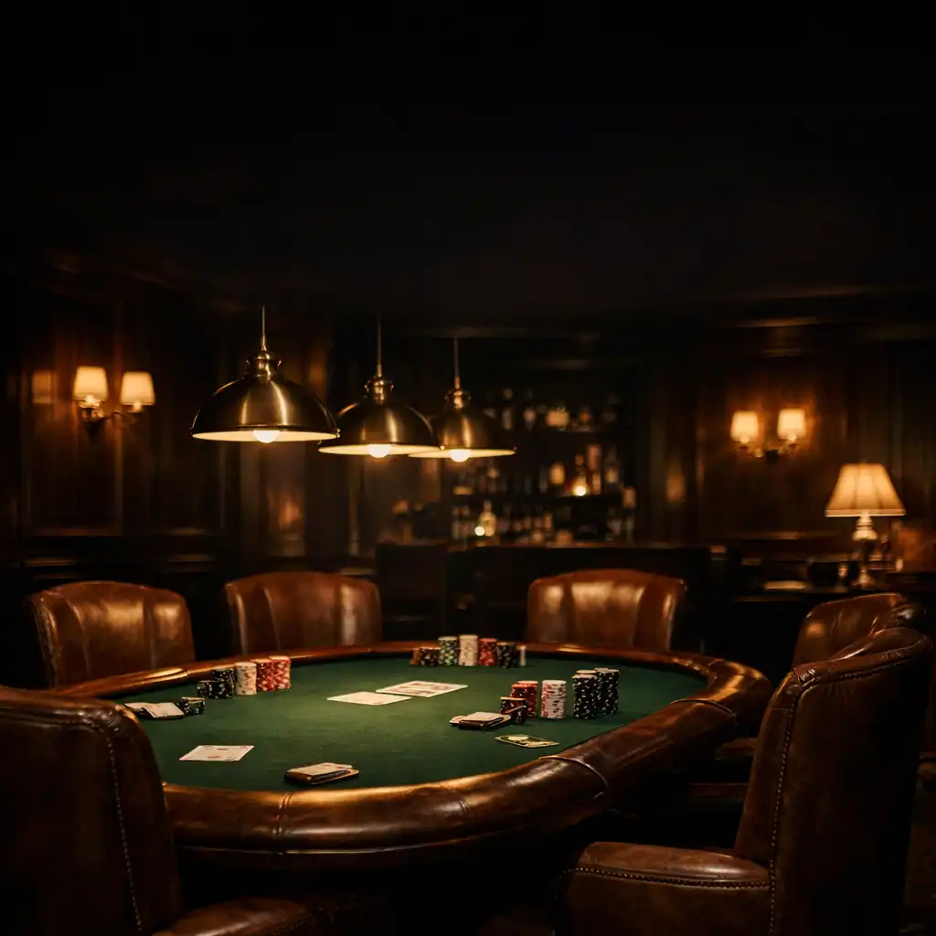 Moody interior of the Ivory Marquee poker lounge with dark timber, leather chairs, and a green felt table