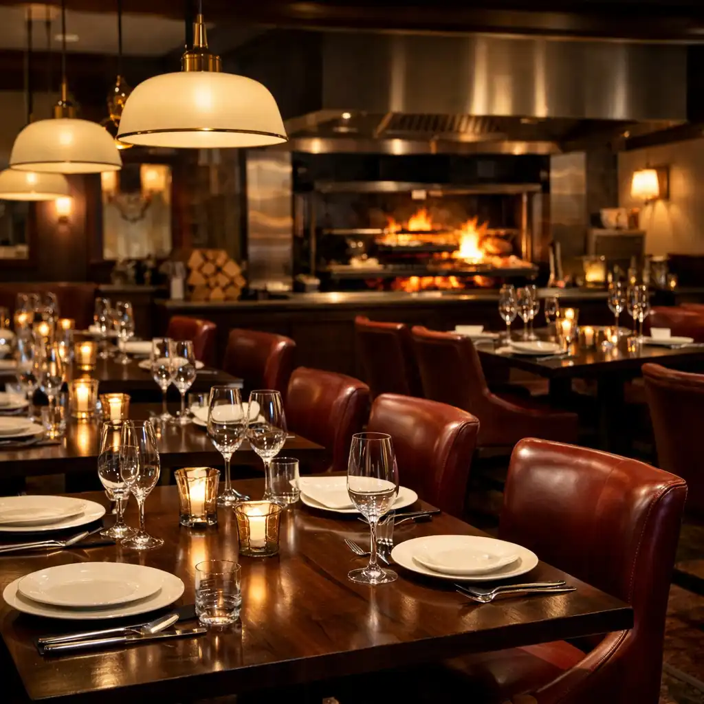 Elegant dining room at Ivory Marquee with dark timber tables, leather chairs, and a wood-fired grill