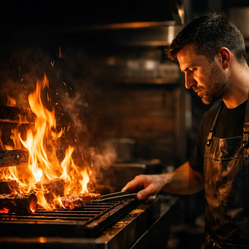 Chef working at the wood-fired grill in the Ivory Marquee kitchen