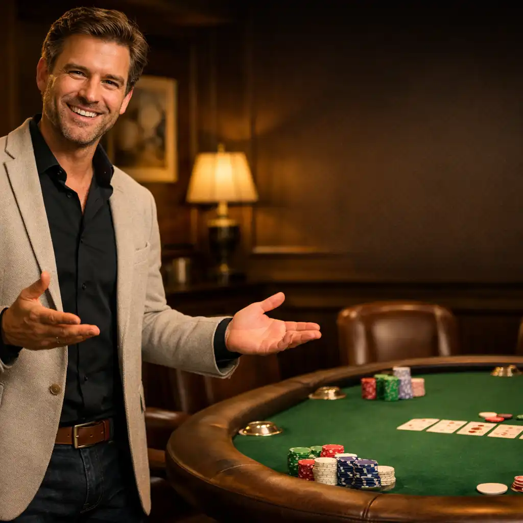 Poker lounge host smiling beside a poker table in the Ivory Marquee card room