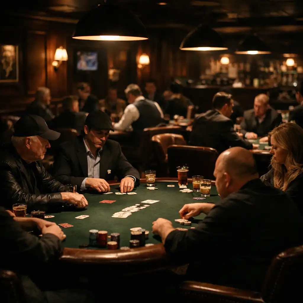 Players seated at poker tables in the moody card lounge at Ivory Marquee