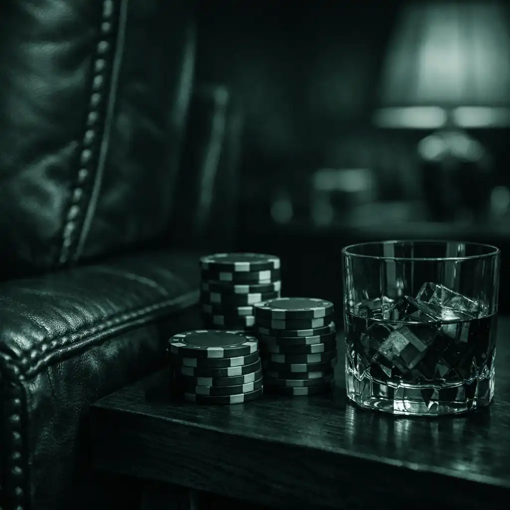 Leather armchair, dark timber side table with poker chips and a glass of whisky in the card room