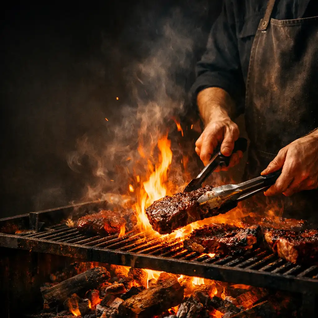 Chef grilling meat over a wood-fired grill with flames and smoke