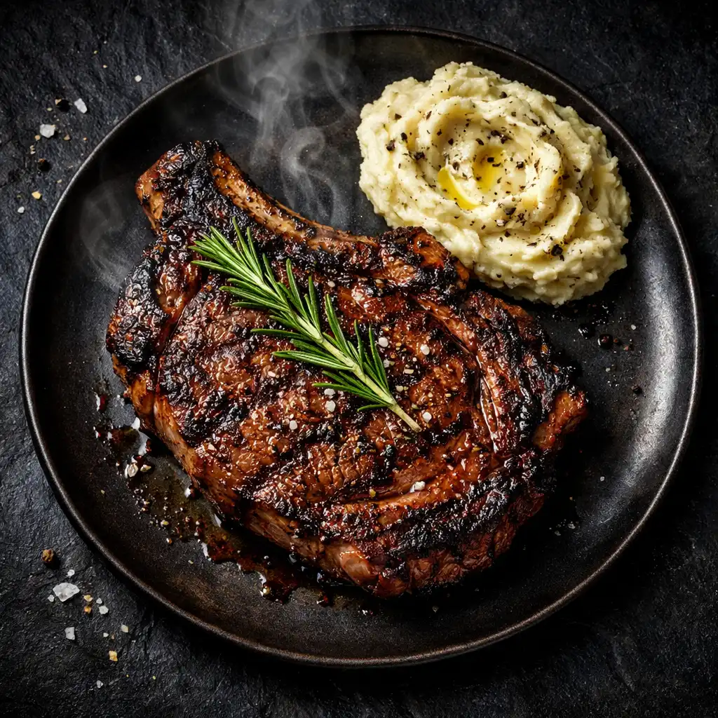 Wood-fired ribeye steak with truffle mash on a dark slate plate