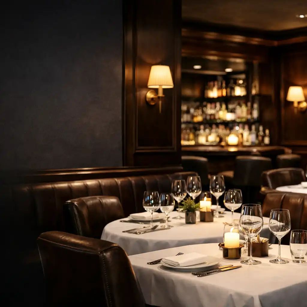 Elegant restaurant dining room with dark timber panelling and leather seating