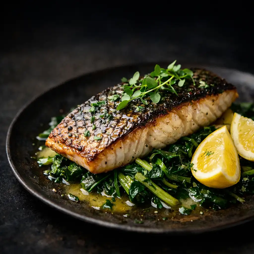 Grilled barramundi fillet with crispy skin on sautéed greens with lemon wedges