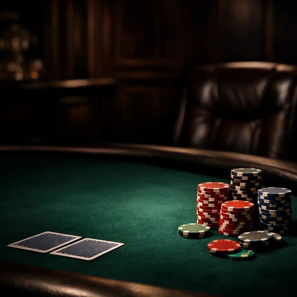 Close-up of a poker table with deep green felt, clay chips, and leather chair in the Ivory Marquee card lounge