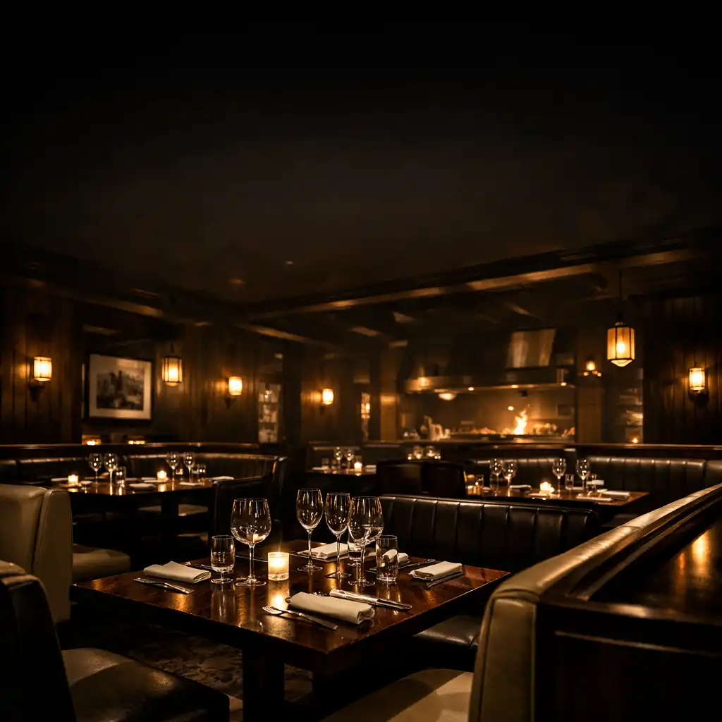 Dark timber dining room at Ivory Marquee with leather booths and warm ambient lighting