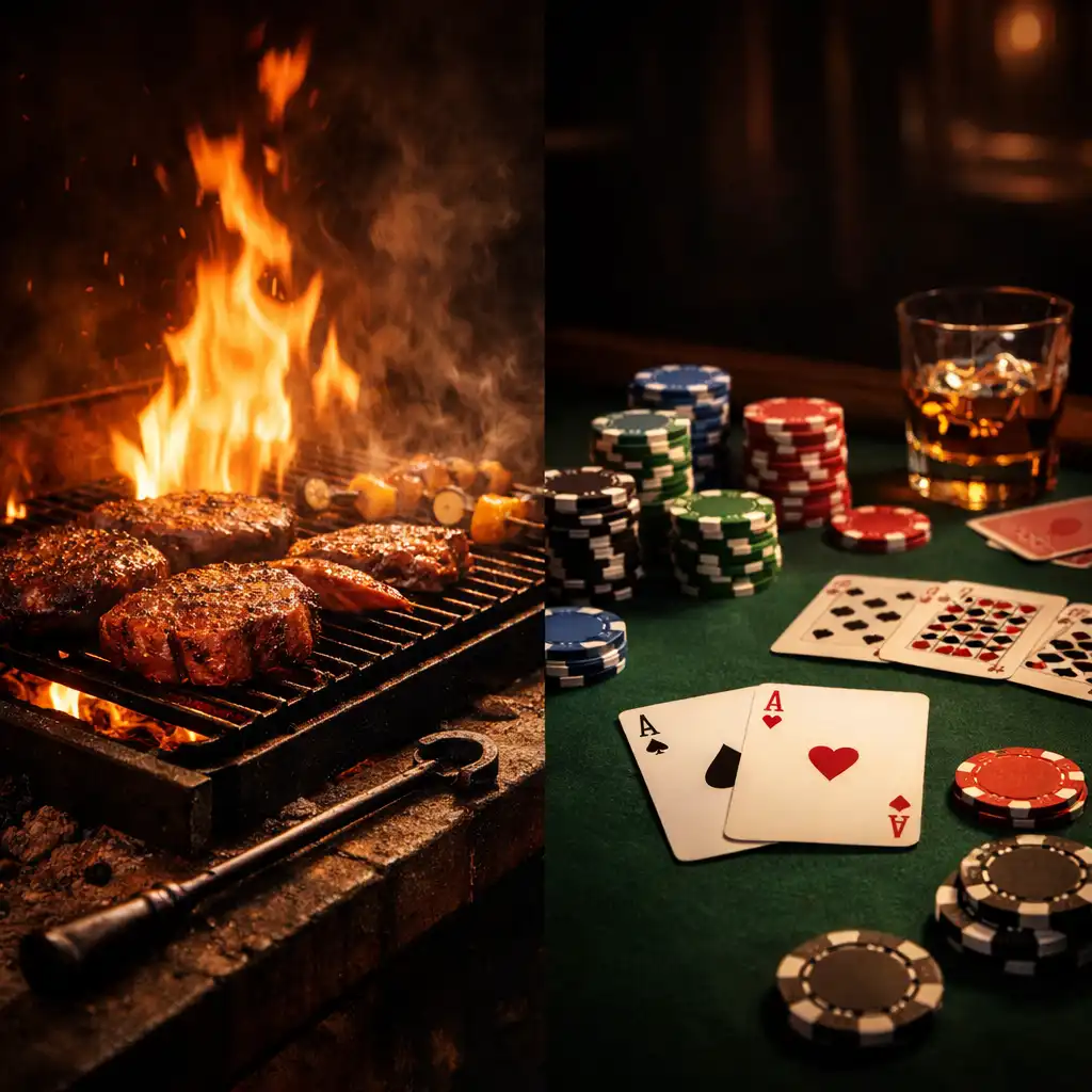 Wood-fired grill flames beside a poker table with chips and cards, representing the dual dining and poker experience