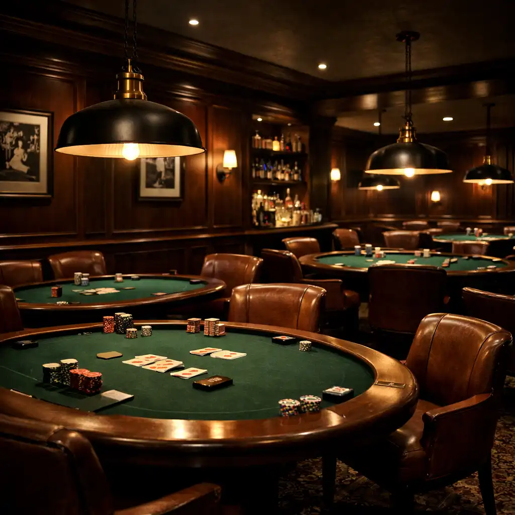 Wide view of the Ivory Marquee poker lounge with dark timber panelling, leather chairs, and pendant lights
