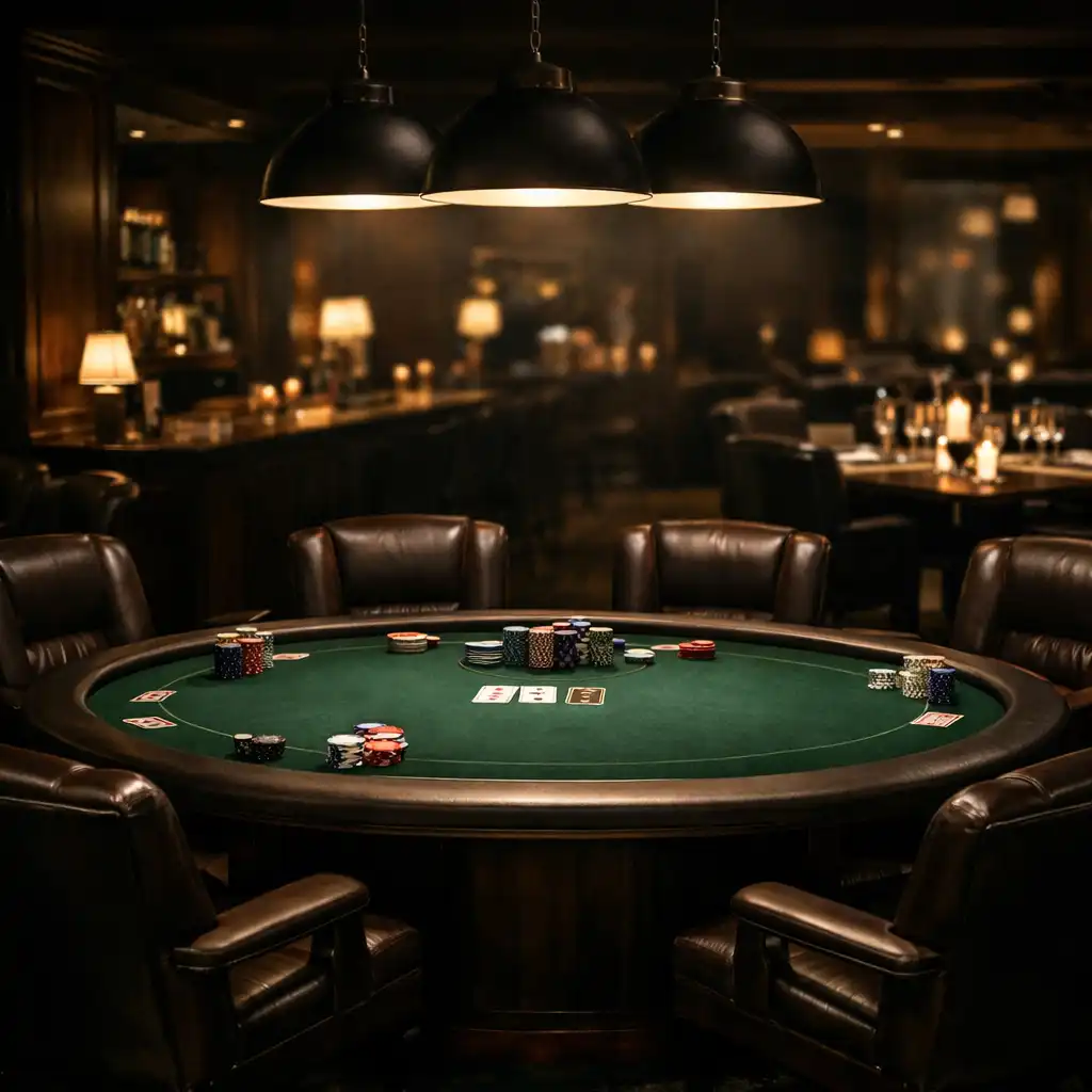 Dark timber poker lounge with a deep green felt table, leather chairs and warm pendant lighting