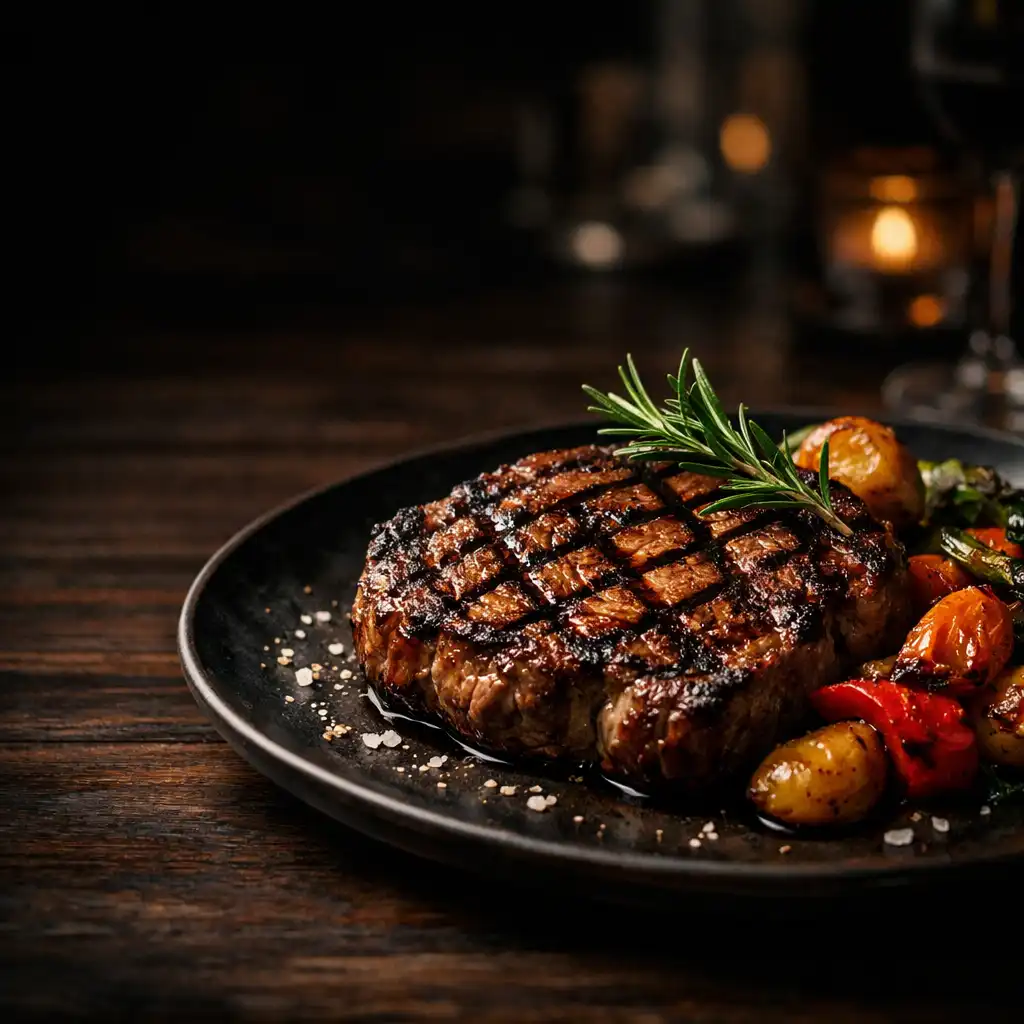 Premium grilled ribeye steak with roasted vegetables on a dark ceramic plate