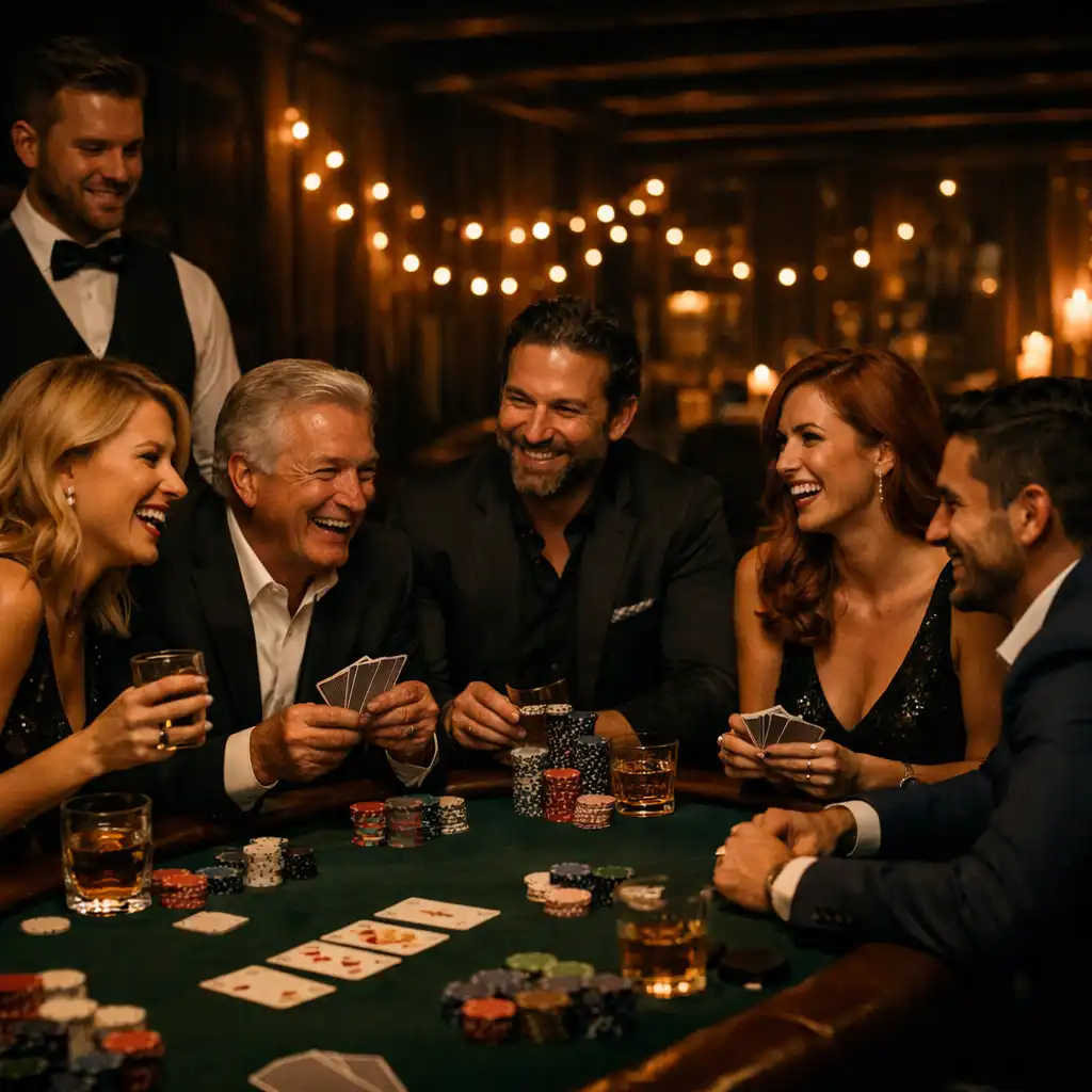 Group of well-dressed guests enjoying a private poker game around a table with chips and cards