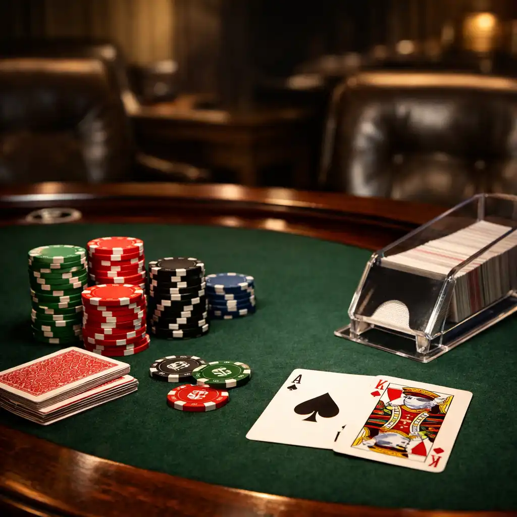 Private poker table set with chips and cards in an intimate room
