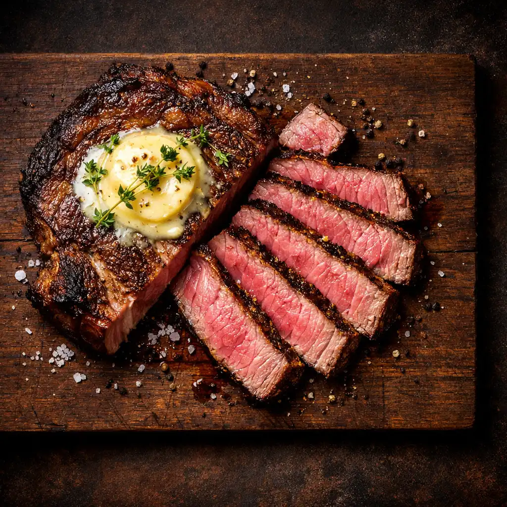 Sliced dry-aged ribeye steak with bone marrow butter on a wooden board