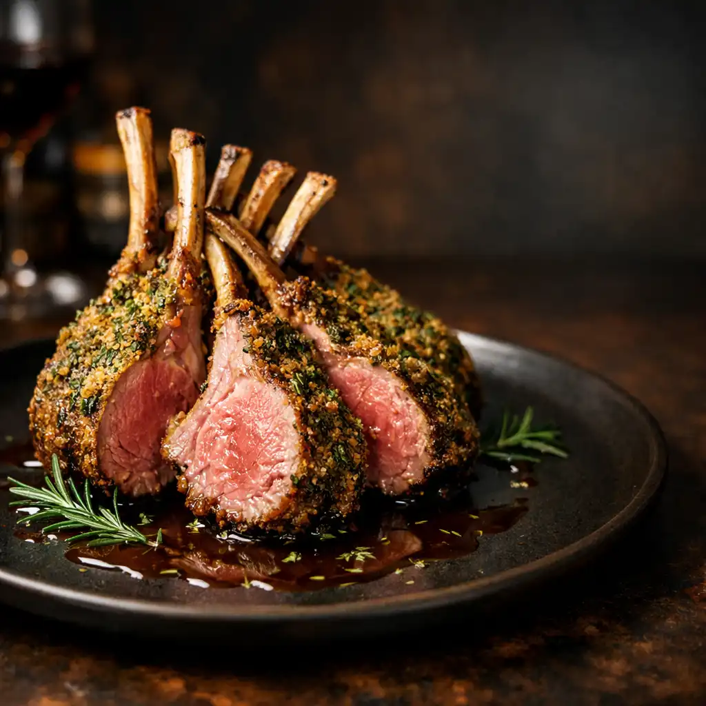 Wood-fired lamb rack with herb crust and rosemary jus on a dark plate